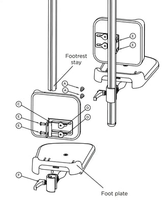 Technical diagram ofClarkeHealthcareZ68949FootrestDividedforZitziStarfishShowerChair_Size1-2-3 on a white background.