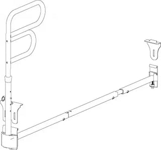Black and white line drawing of aClarke HealtClarke Healthcare 70000 Arcorail Bedrail  system with adjustable components.
