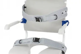 White Clarke Healthcare A147008X Padded Belt for Ocean Ergo Shower Chairs Seat Belt with blue accents on a white background