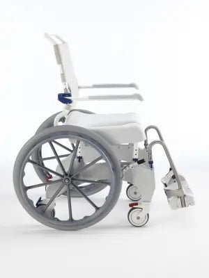 White Clarke Healthcare A1641992 Aquatec Ergo Self Propel Shower Chair with gray wheels on a white background