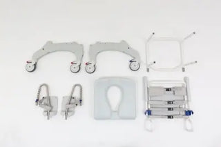 Clarke Healthcare A1641992 Aquatec Ergo Self Propel Shower Chair's equipment including a wheelchair, toilet seat, and other components on a white background