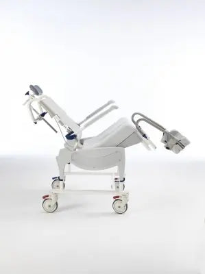 Clarke Healthcare A1642029 Aquatec Ergo VIP Tilt-in-Space Shower Chair on wheels with a white background