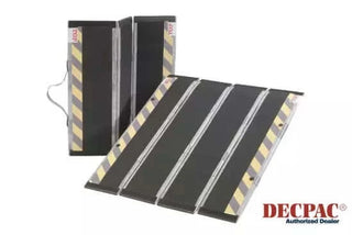 Set of Clarke Healthcare MP210 DECPAC Portable Fiberglass Folding Wheelchair Ramps with safety stripes on a white background, featuring the Decpac logo.