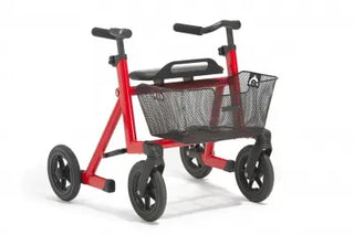 Red Clarke Healthcare Malte Posterior Size 0 to 4 Walker for Children with black wheels and basket on a white background