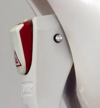 Close-up of a Clarke Healthcare R140022XS Mobeli Telescoping Shower Grab Bars with a red triangle symbol on a white background.
