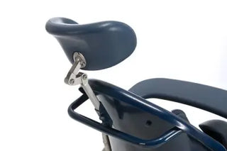 Close-up of a blue Clarke Healthcare S5200001 Boris Shower Chair Headrest and frame on a white background