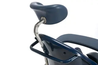 Close-up of a blue Clarke Healthcare S5200001 Boris Shower Chair Headrest and frame on a white background