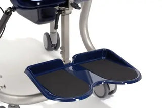 Blue Clarke Healthcare S520 Boris Shower Chair Footrest attached to a medical device on a white background