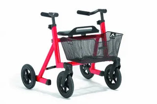 Red Clarke Healthcare S760XXXX Marcy Rollator for Pediatrics Size 2 with black wheels and basket on a white background