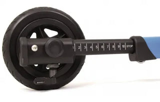 Close-up of a measuring wheel with a black wheel and blue handle and Clarke Healthcare S760 Marcy Backwards Stop, Pair on a white background