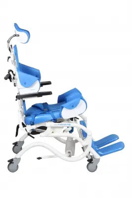 Blue and white Clarke Healthcare Z68941X Zitzi Starfish Pro Hydraulic,Size 3 Shower-Commode Chair with seat belt on a white background