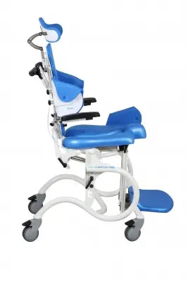 Blue and white Clarke Healthcare Z68942X Zitzi Starfish Pro Electric,Size 2 Pediatric Shower-Commode Chair with footrests on a white background