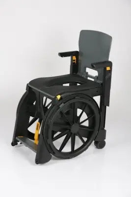 Black Clarke Healthcare ZMR300100 WheelAble Commode and Shower Chair with gray seat on a white background