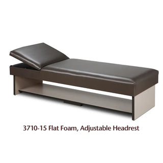 Brown adjustable treatment table with flat foam and adjustable headrest on a white background