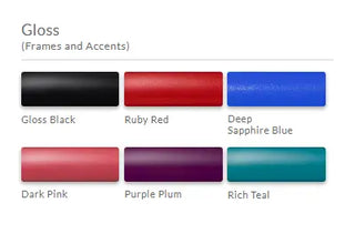 Color swatches labeled Gloss Black, Ruby Red, Deep Sapphire Blue, Dark Pink, Purple Plum, and Rich Teal on a white background.