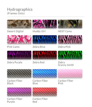 Collection of hydrographic film frames with various patterns on a white background