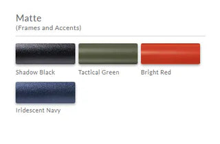 Color swatches labeled 'Shadow Black', 'Tactical Green', 'Bright Red', and 'Iridescent Navy' on a white background.