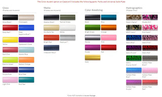 Color accent options chart with various color swatches for frames and accents.