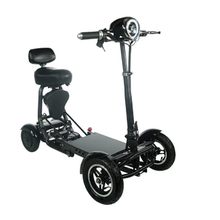 Black three-wheeled mobility scooter with a seat on a white background