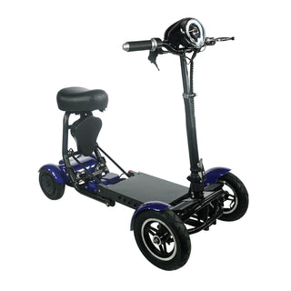 Three-wheeled mobility scooter with a seat on a white background