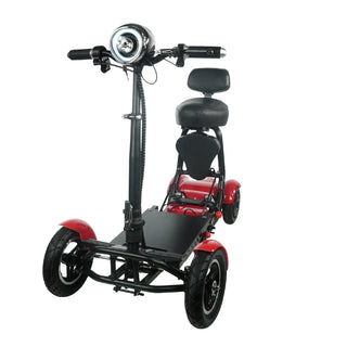 Red and black three-wheeled scooter with a seat on a white background