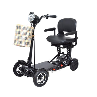 Black mobility scooter with a basket on a white background