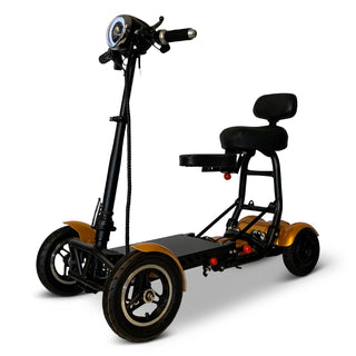 Three-wheeled electric scooter with a seat on a white background
