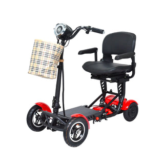 Four-wheeled mobility scooter with a basket on a white background