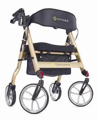 Beige and black rollator with Comforta branding on a white background