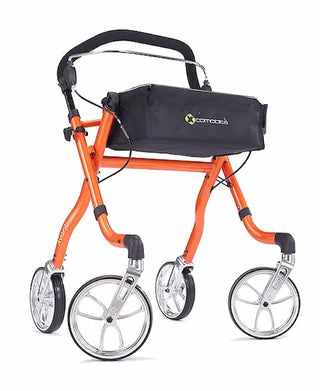Orange walker with wheels and a black bag on a white background