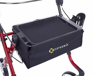 Black tray attached to a red walker with Comcoota logo