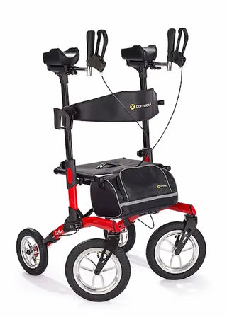 Red and black knee walker with a seat on a white background