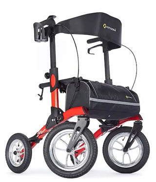 Red and black mobility scooter with canopy on a white background