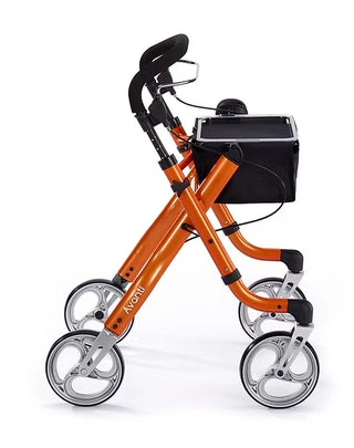 Orange rollator with battery pack on a white background