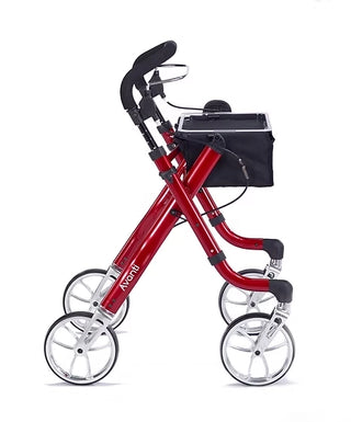 Red rollator with a black bag on a white background