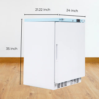 Conserv CMV 400 24" Compact Commercial/Pharmaceutical Refrigerator with dimensions labeled on a wooden floor.