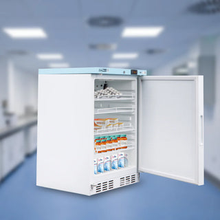 Conserv CMV 400 24" Compact Commercial/Pharmaceutical Refrigerator with open door displaying medical supplies in a clinical setting