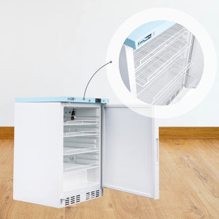 Conserv CMV 400 24" Compact Commercial/Pharmaceutical Refrigerator with open door on a wooden floor, inset showing filter.