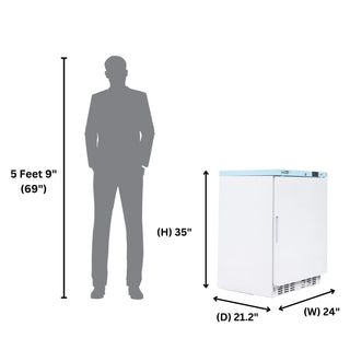 Measurement chart showing a person's height and a refrigerator's dimensions.