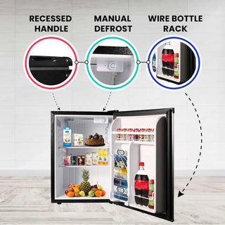 Conserv CREF26SS 17.5" Compact Mini Refrigerator with features highlighted: recessed handle, manual defrost, and wire bottle rack.