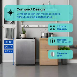 Conserv CREF26SS 17.5" Compact Mini Refrigerator with specifications highlighted in a kitchen setting