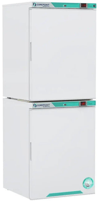 White freezer with green accents on a white background