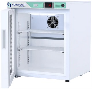 Corepoint PR011WWGLH/0 17.25" Undercounter Refrigerator with open door on a white background