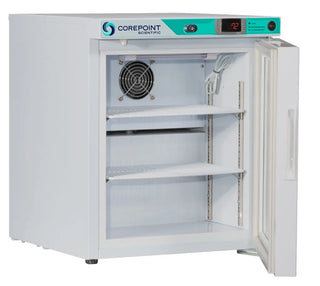 Corepoint PR011WWG/0 17.25" Countertop Freestanding Refrigerator with open door on a white background