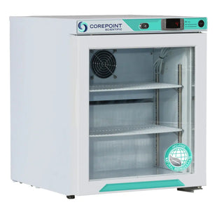 Corepoint PR011WWG/0 17.25" Countertop Freestanding Refrigerator with glass door on a white background