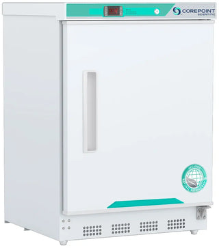 Corepoint PR051WWW/0 23.75" Built-in Undercounter Refrigerator with green accents and CorePoint Scientific logo on a white background