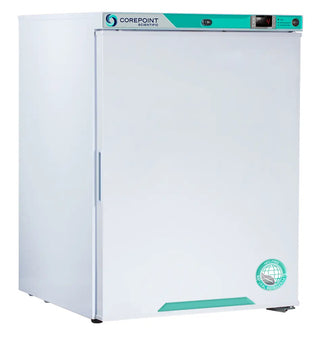 Corepoint PR061WWW/0 23.75" Undercounter Freestanding Refrigerator with teal accents and 'CorePoint' branding on a white background