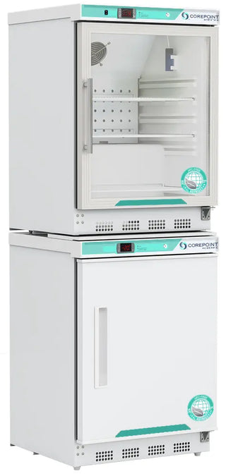 Corepoint PRF092WWG/0 23.75" Upright Refrigerator/Freezer with glass door and solid door on a white background