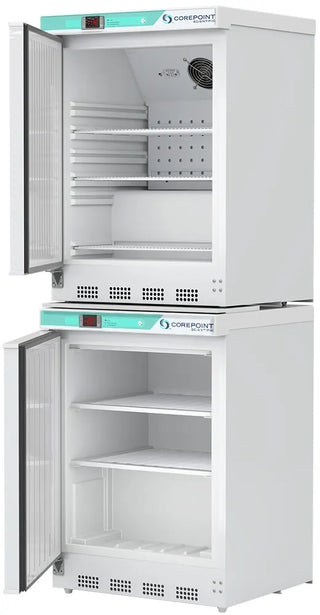 Corepoint PRF092WWWLH/0 23.75" Upright Refrigerator/Freezer with open doors, showing shelves inside.
