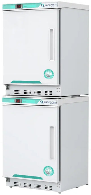 Corepoint PRF092WWWLH/0 23.75" Upright Refrigerator/Freezer with a white cabinet and green accents on a white background
